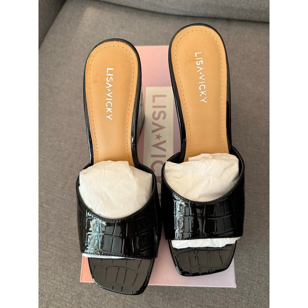NEW Lisa Vicky Nordstrom Adore-V Croco Wedge‎ Sandals Black Patent Leather 8